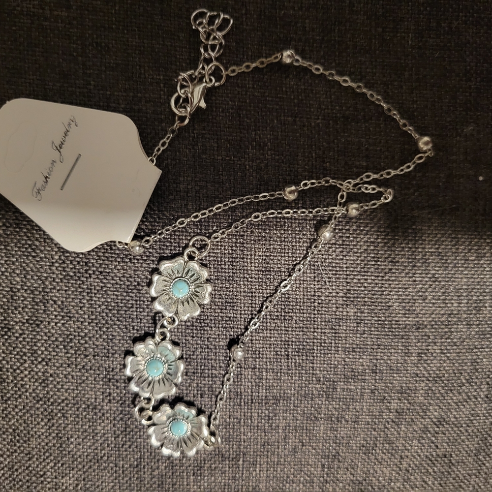 Silver Floral Necklace with Turquoise Accents - Fashion Jewelry